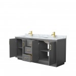 72 Inch Double Bathroom Vanity in Dark Gray, White Carrara Marble Countertop, Sinks, Gold Trim