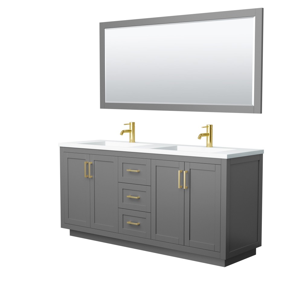 72 Inch Double Bathroom Vanity in Dark Gray, 1.25 Inch Thick White Solid Surface Countertop, Sinks, Gold Trim, 70 Inch Mirror