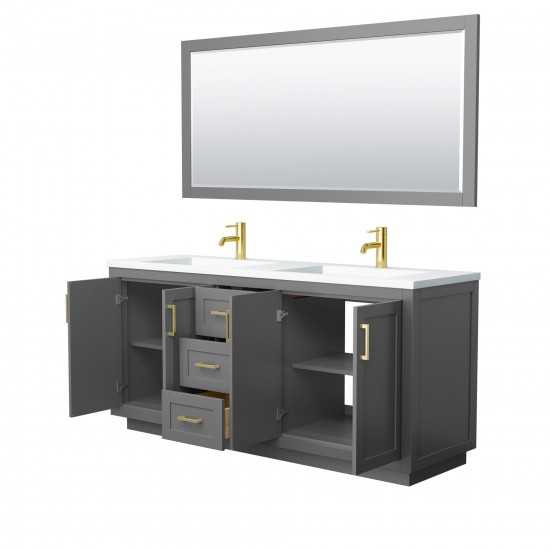 72 Inch Double Bathroom Vanity in Dark Gray, 1.25 Inch Thick White Solid Surface Countertop, Sinks, Gold Trim, 70 Inch Mirror