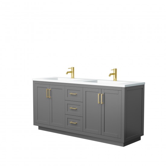 72 Inch Double Bathroom Vanity in Dark Gray, 1.25 Inch Thick White Solid Surface Countertop, Sinks, Gold Trim