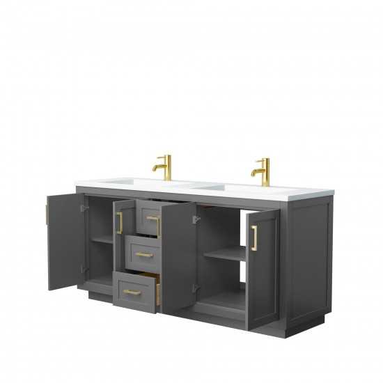 72 Inch Double Bathroom Vanity in Dark Gray, 1.25 Inch Thick White Solid Surface Countertop, Sinks, Gold Trim