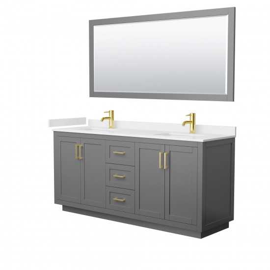 72 Inch Double Bathroom Vanity in Dark Gray, White Cultured Marble Countertop, Sinks, Gold Trim, 70 Inch Mirror