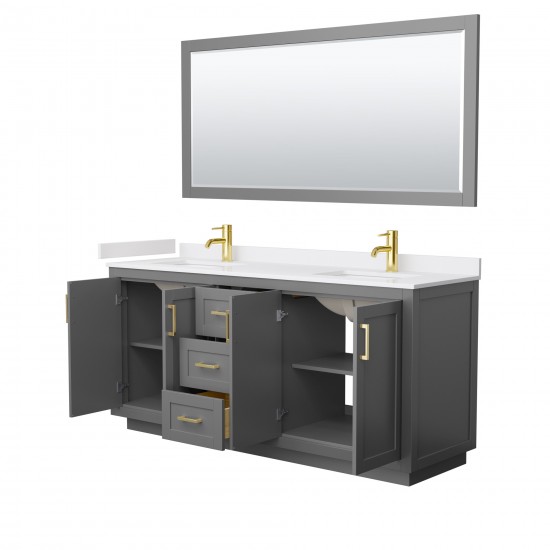 72 Inch Double Bathroom Vanity in Dark Gray, White Cultured Marble Countertop, Sinks, Gold Trim, 70 Inch Mirror