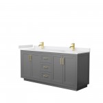 72 Inch Double Bathroom Vanity in Dark Gray, White Cultured Marble Countertop, Sinks, Gold Trim