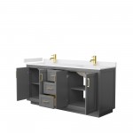 72 Inch Double Bathroom Vanity in Dark Gray, White Cultured Marble Countertop, Sinks, Gold Trim