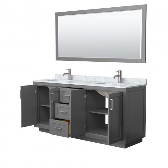 72 Inch Double Bathroom Vanity in Dark Gray, White Carrara Marble Countertop, Sinks, Nickel Trim, 70 Inch Mirror