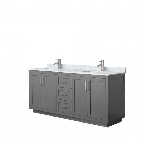 72 Inch Double Bathroom Vanity in Dark Gray, White Carrara Marble Countertop, Sinks, Nickel Trim