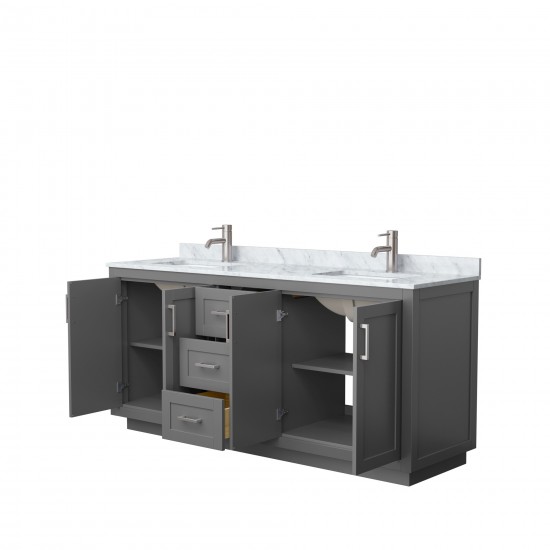 72 Inch Double Bathroom Vanity in Dark Gray, White Carrara Marble Countertop, Sinks, Nickel Trim