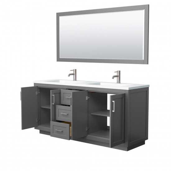 72 Inch Double Bathroom Vanity in Dark Gray, 1.25 Inch Thick White Solid Surface Countertop, Sinks, Nickel Trim, 70 Inch Mirr