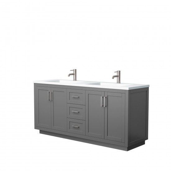 72 Inch Double Bathroom Vanity in Dark Gray, 1.25 Inch Thick White Solid Surface Countertop, Sinks, Nickel Trim