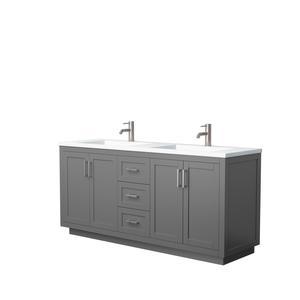 72 Inch Double Bathroom Vanity in Dark Gray, 1.25 Inch Thick White Solid Surface Countertop, Sinks, Nickel Trim 72 Inch Double Bathroom Vanity in Dark Gray, 1.25 Inch Thick White Solid Surface Countertop, Sinks, Nickel Trim