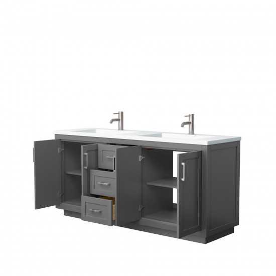 72 Inch Double Bathroom Vanity in Dark Gray, 1.25 Inch Thick White Solid Surface Countertop, Sinks, Nickel Trim