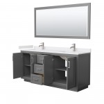 72 Inch Double Bathroom Vanity in Dark Gray, White Cultured Marble Countertop, Sinks, Nickel Trim, 70 Inch Mirror