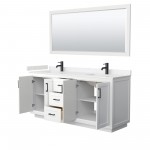 72 Inch Double Bathroom Vanity in White, Light-Vein Carrara Cultured Marble Countertop, Sinks, Black Trim, 70 Inch Mirror