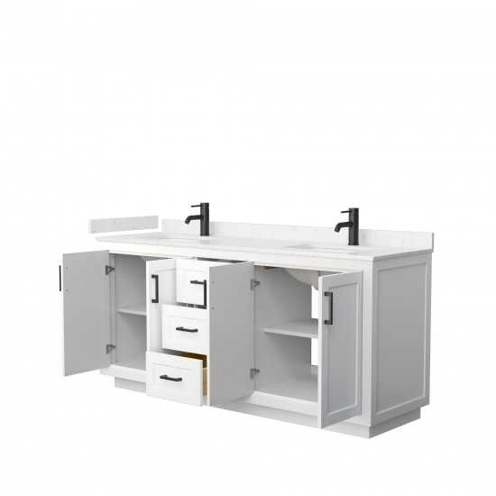 72 Inch Double Bathroom Vanity in White, Light-Vein Carrara Cultured Marble Countertop, Sinks, Black Trim