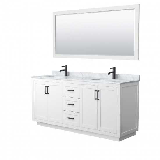 72 Inch Double Bathroom Vanity in White, White Carrara Marble Countertop, Sinks, Black Trim, 70 Inch Mirror