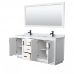 72 Inch Double Bathroom Vanity in White, White Carrara Marble Countertop, Sinks, Black Trim, 70 Inch Mirror