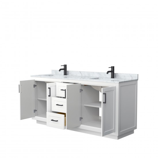 72 Inch Double Bathroom Vanity in White, White Carrara Marble Countertop, Sinks, Black Trim