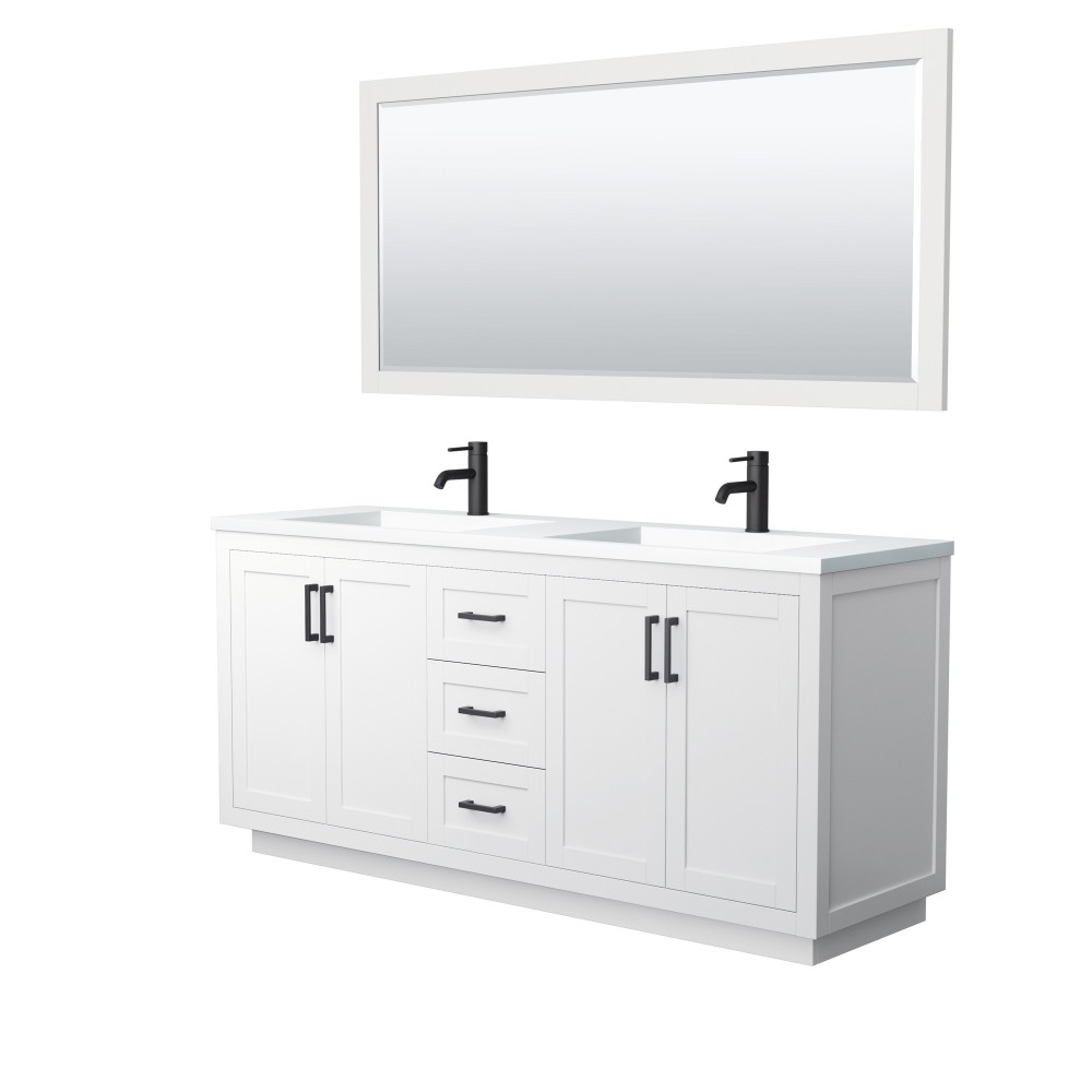 72 Inch Double Bathroom Vanity in White, 1.25 Inch Thick White Solid Surface Countertop, Sinks, Black Trim, 70 Inch Mirror 72 Inch Double Bathroom Vanity in White, 1.25 Inch Thick White Solid Surface Countertop, Sinks, Black Trim, 70 Inch Mirror