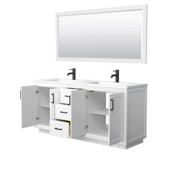 72 Inch Double Bathroom Vanity in White, 1.25 Inch Thick White Solid Surface Countertop, Sinks, Black Trim, 70 Inch Mirror