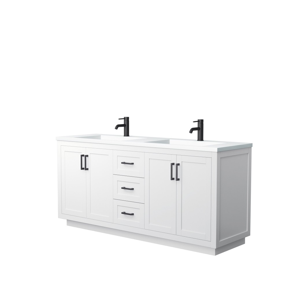 72 Inch Double Bathroom Vanity in White, 1.25 Inch Thick White Solid Surface Countertop, Sinks, Black Trim