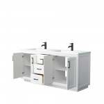 72 Inch Double Bathroom Vanity in White, 1.25 Inch Thick White Solid Surface Countertop, Sinks, Black Trim