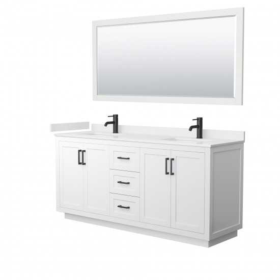 72 Inch Double Bathroom Vanity in White, White Cultured Marble Countertop, Sinks, Black Trim, 70 Inch Mirror