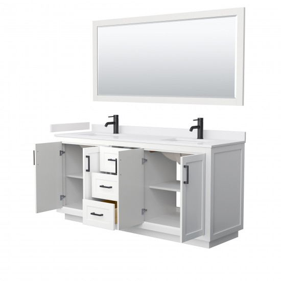 72 Inch Double Bathroom Vanity in White, White Cultured Marble Countertop, Sinks, Black Trim, 70 Inch Mirror