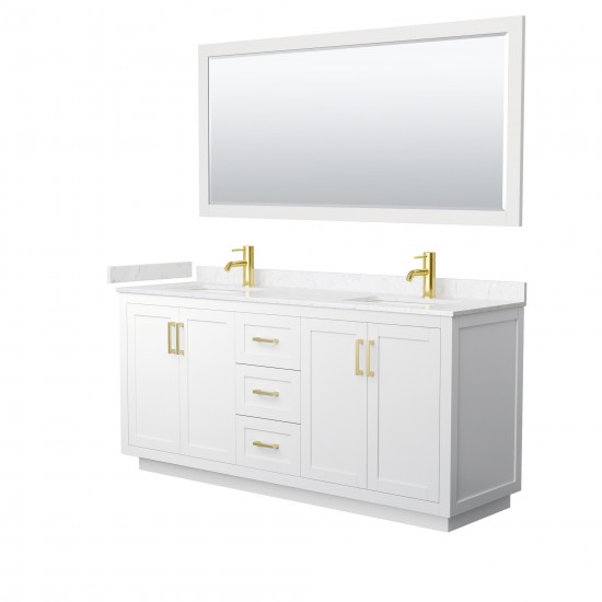 72 Inch Double Bathroom Vanity in White, Light-Vein Carrara Cultured Marble Countertop, Sinks, Gold Trim, 70 Inch Mirror