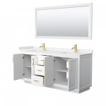 72 Inch Double Bathroom Vanity in White, Light-Vein Carrara Cultured Marble Countertop, Sinks, Gold Trim, 70 Inch Mirror