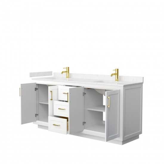 72 Inch Double Bathroom Vanity in White, Light-Vein Carrara Cultured Marble Countertop, Sinks, Gold Trim