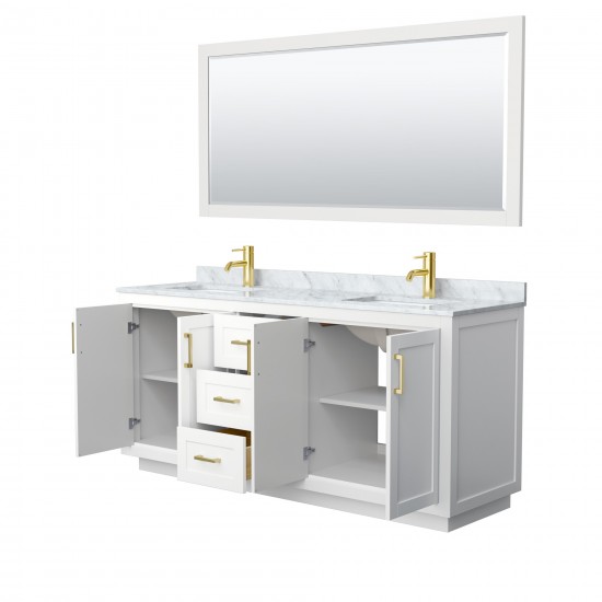 72 Inch Double Bathroom Vanity in White, White Carrara Marble Countertop, Sinks, Gold Trim, 70 Inch Mirror