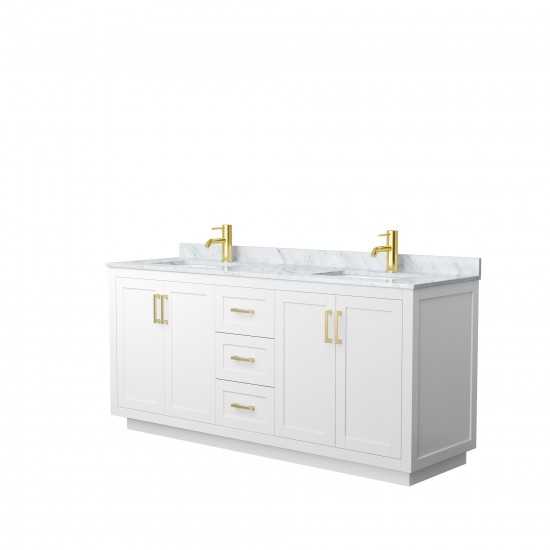 72 Inch Double Bathroom Vanity in White, White Carrara Marble Countertop, Sinks, Gold Trim