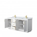 72 Inch Double Bathroom Vanity in White, White Carrara Marble Countertop, Sinks, Gold Trim