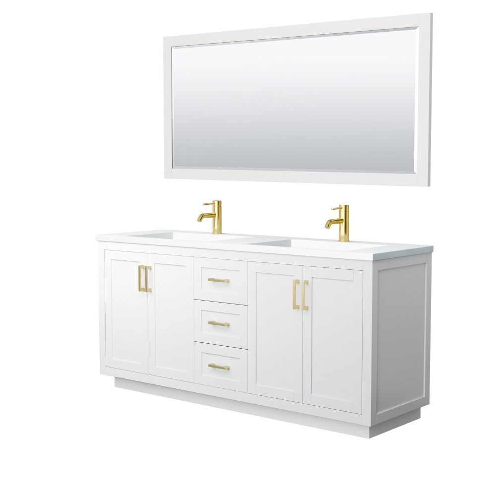 72 Inch Double Bathroom Vanity in White, 1.25 Inch Thick White Solid Surface Countertop, Sinks, Gold Trim, 70 Inch Mirror