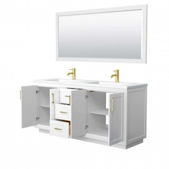 72 Inch Double Bathroom Vanity in White, 1.25 Inch Thick White Solid Surface Countertop, Sinks, Gold Trim, 70 Inch Mirror