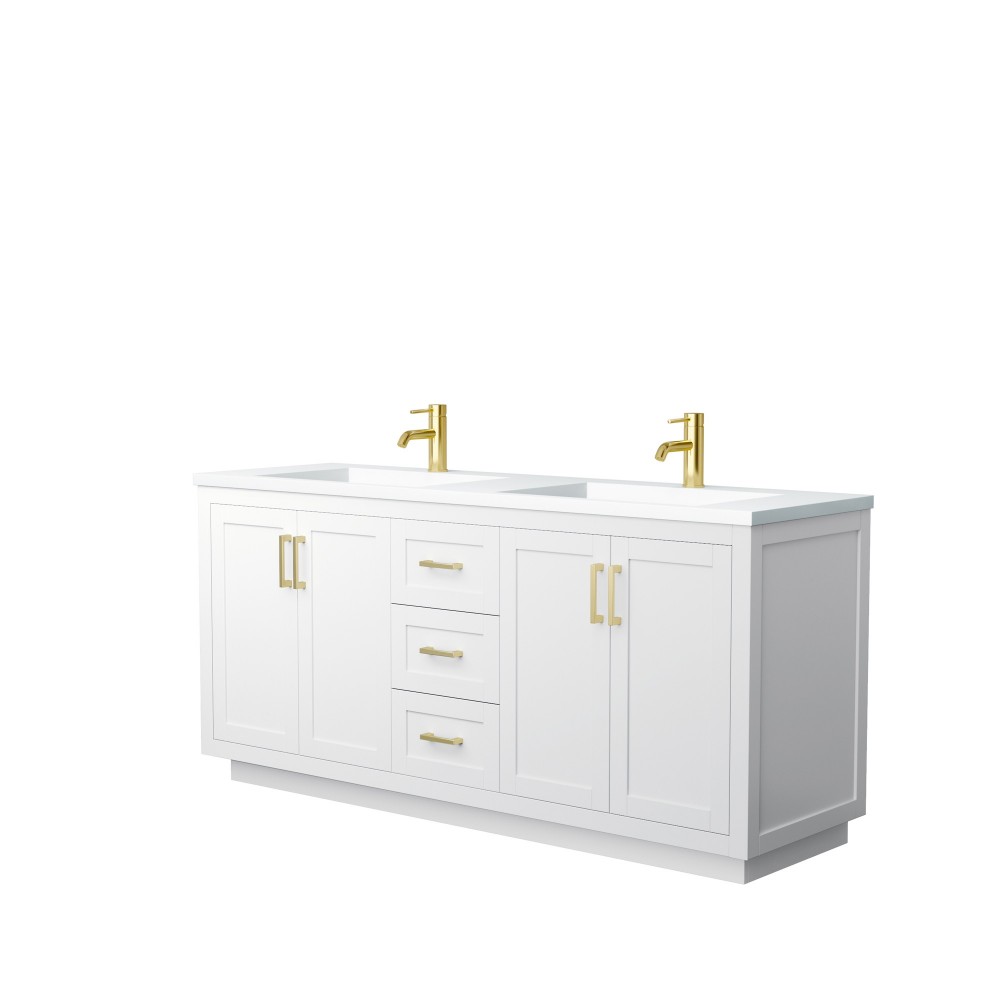 72 Inch Double Bathroom Vanity in White, 1.25 Inch Thick White Solid Surface Countertop, Sinks, Gold Trim