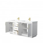 72 Inch Double Bathroom Vanity in White, 1.25 Inch Thick White Solid Surface Countertop, Sinks, Gold Trim