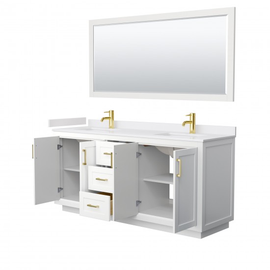 72 Inch Double Bathroom Vanity in White, White Cultured Marble Countertop, Sinks, Gold Trim, 70 Inch Mirror