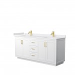 72 Inch Double Bathroom Vanity in White, White Cultured Marble Countertop, Sinks, Gold Trim