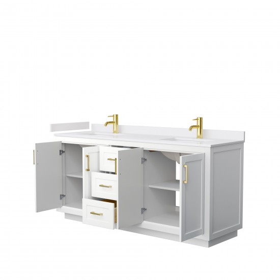 72 Inch Double Bathroom Vanity in White, White Cultured Marble Countertop, Sinks, Gold Trim