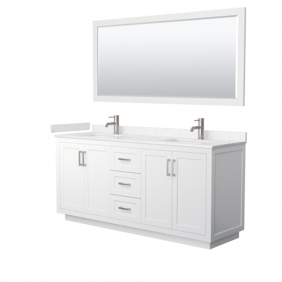 72 Inch Double Bathroom Vanity in White, Light-Vein Carrara Cultured Marble Countertop, Sinks, Nickel Trim, 70 Inch Mirror