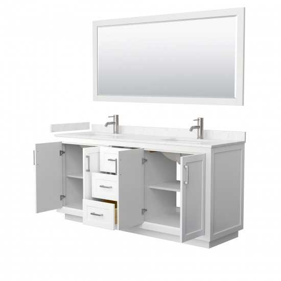 72 Inch Double Bathroom Vanity in White, Light-Vein Carrara Cultured Marble Countertop, Sinks, Nickel Trim, 70 Inch Mirror