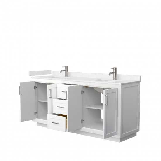 72 Inch Double Bathroom Vanity in White, Light-Vein Carrara Cultured Marble Countertop, Sinks, Nickel Trim