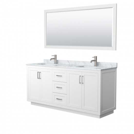 72 Inch Double Bathroom Vanity in White, White Carrara Marble Countertop, Sinks, Nickel Trim, 70 Inch Mirror