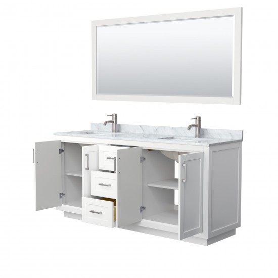 72 Inch Double Bathroom Vanity in White, White Carrara Marble Countertop, Sinks, Nickel Trim, 70 Inch Mirror