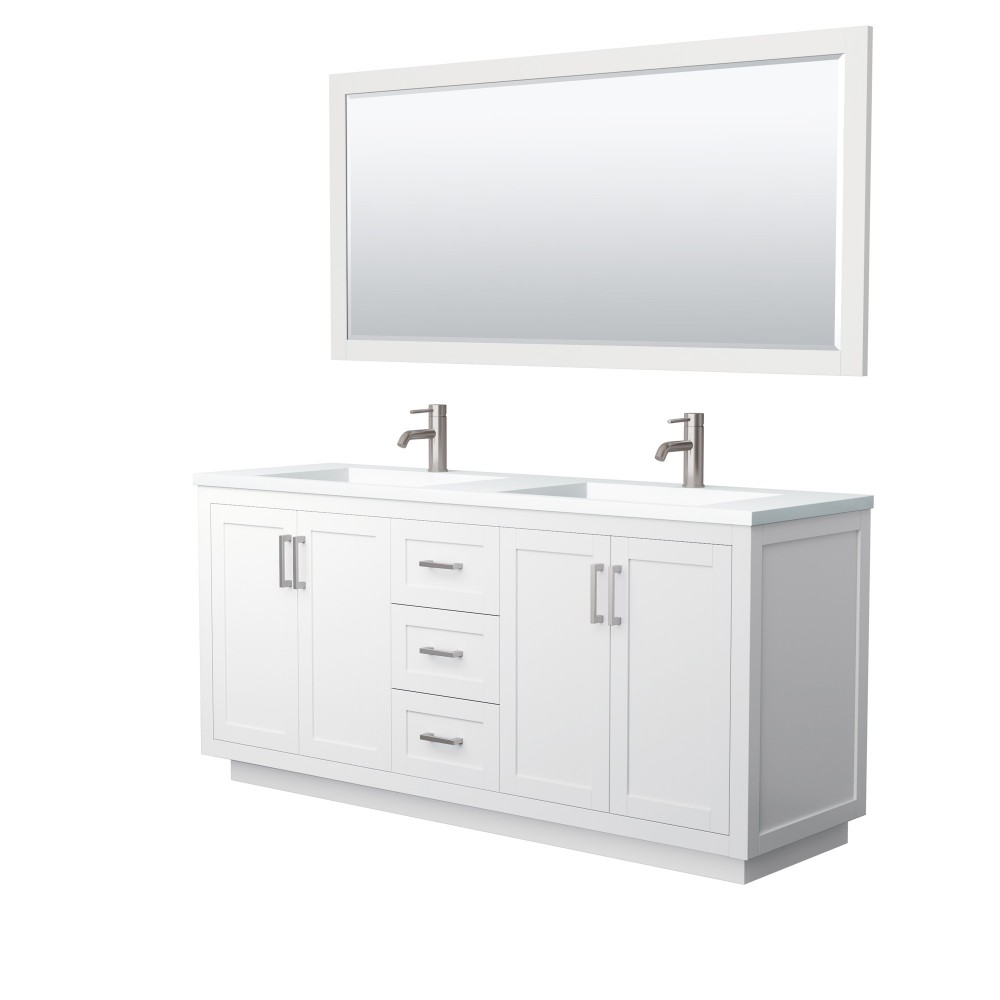 72 Inch Double Bathroom Vanity in White, 1.25 Inch Thick White Solid Surface Countertop, Sinks, Nickel Trim, 70 Inch Mirror