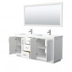 72 Inch Double Bathroom Vanity in White, 1.25 Inch Thick White Solid Surface Countertop, Sinks, Nickel Trim, 70 Inch Mirror