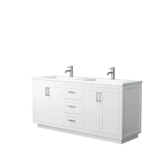 72 Inch Double Bathroom Vanity in White, 1.25 Inch Thick White Solid Surface Countertop, Sinks, Nickel Trim