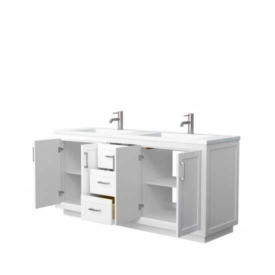 72 Inch Double Bathroom Vanity in White, 1.25 Inch Thick White Solid Surface Countertop, Sinks, Nickel Trim